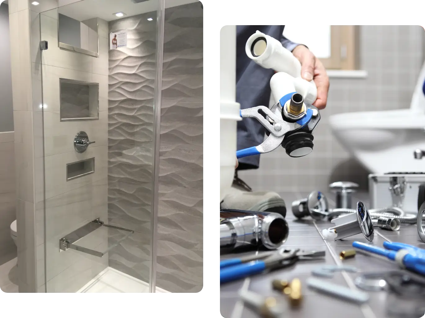 A bathroom with a shower and sink, and a man holding an adjustable wrench.