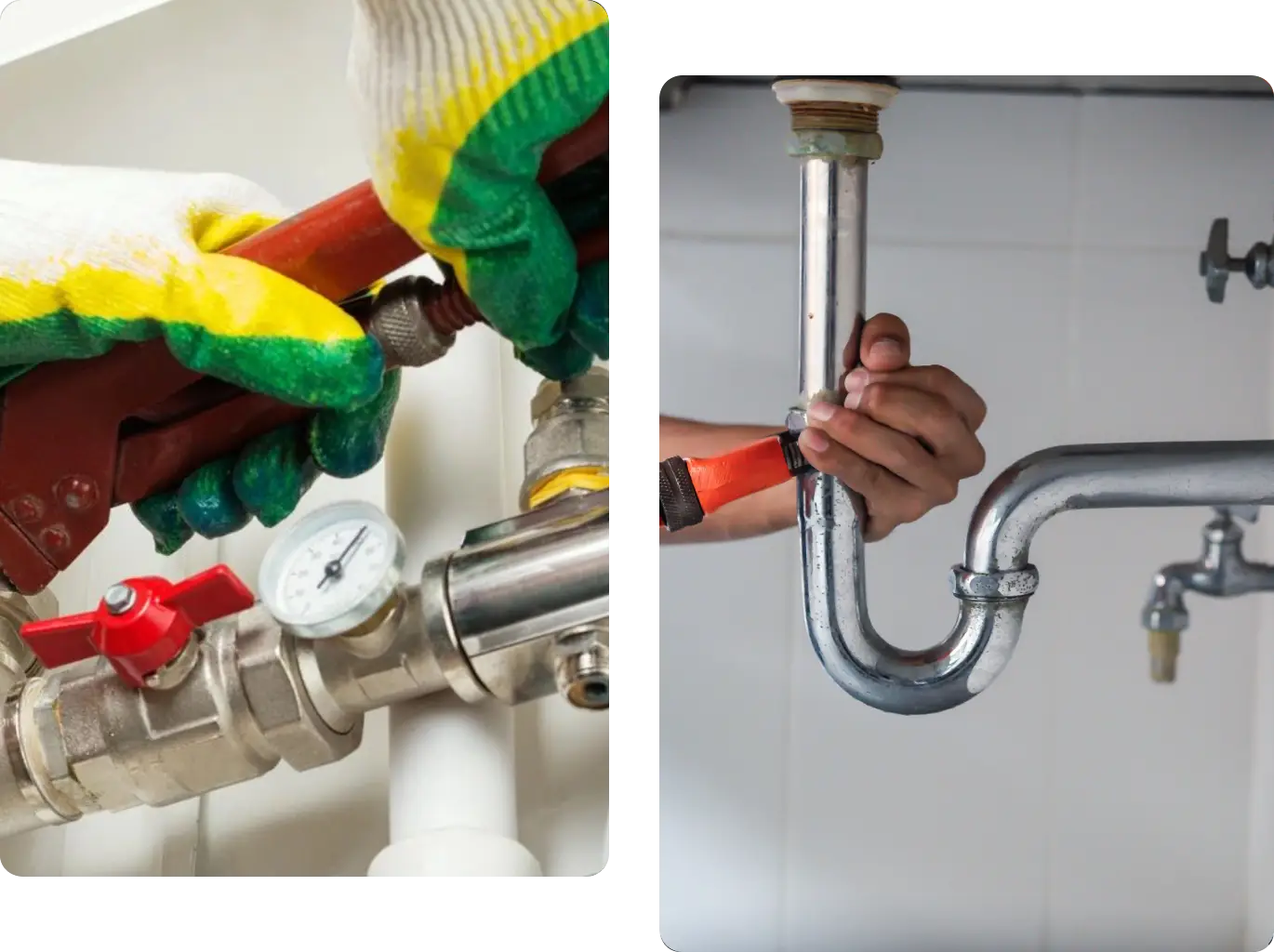 A collage of two different pictures with hands holding pipes.