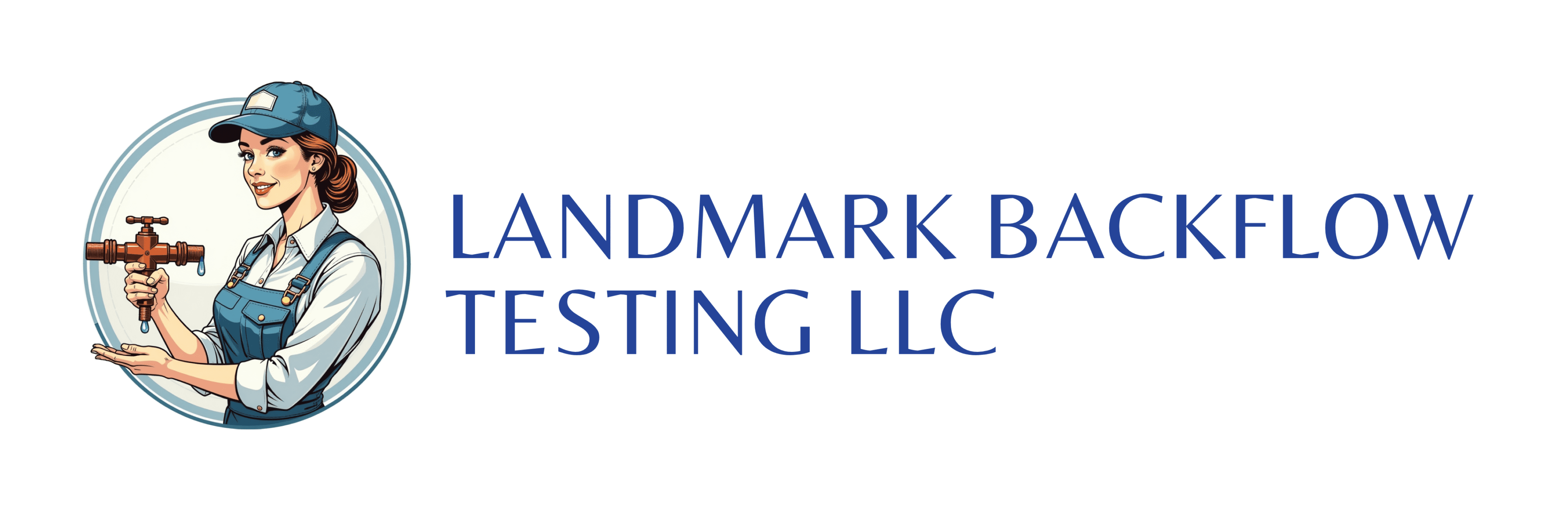 A blue and white logo of landmark building testing llc